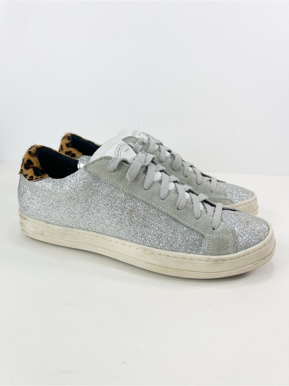 P448 John Sneakers Silver Glitter Leopard Calf Hair size 38 / US 7.5-8